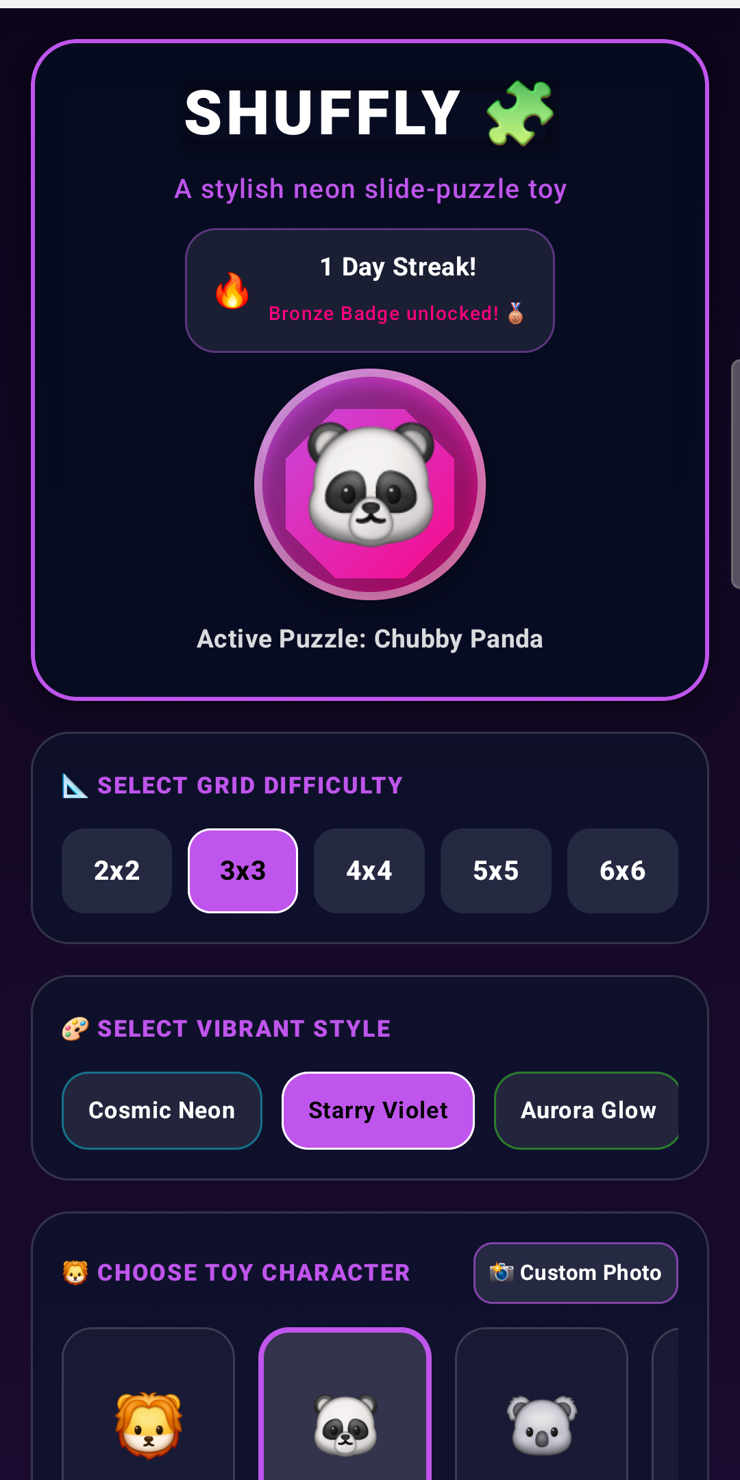 Violet theme home screen with panda